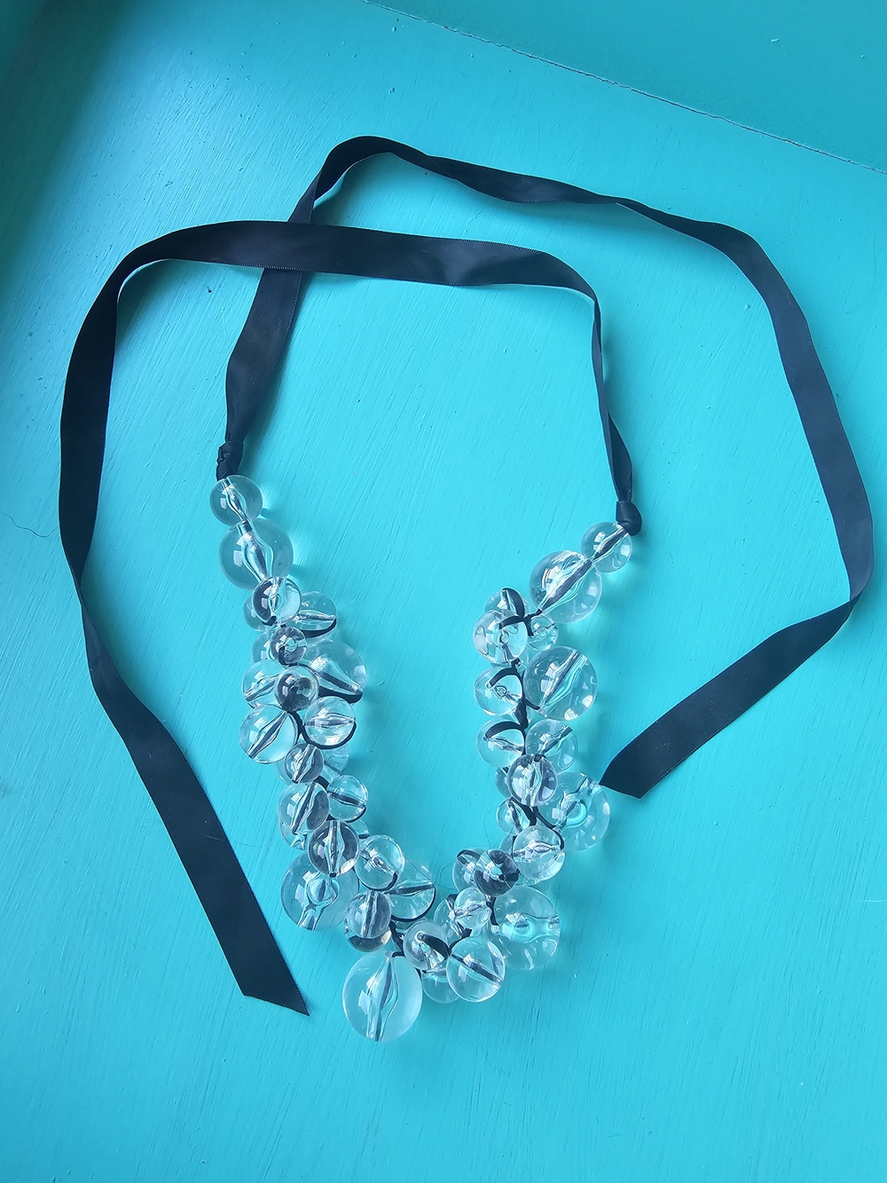 Clear Bead Necklace with Black Ribbon